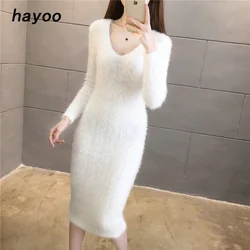 V-neck pullover long-sleeved knitted mohair dress women's inner warm thickened bottoming dress elegant dress