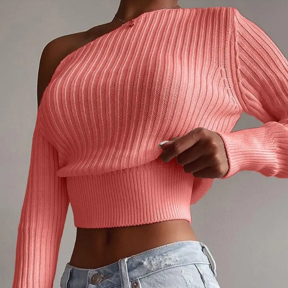 Women Sexy Off Shoulder Sweater Fashion Solid Color Long Sleeve Ribbed Knitted Pullover Winter Jumper Casual Tops Fashion 2021