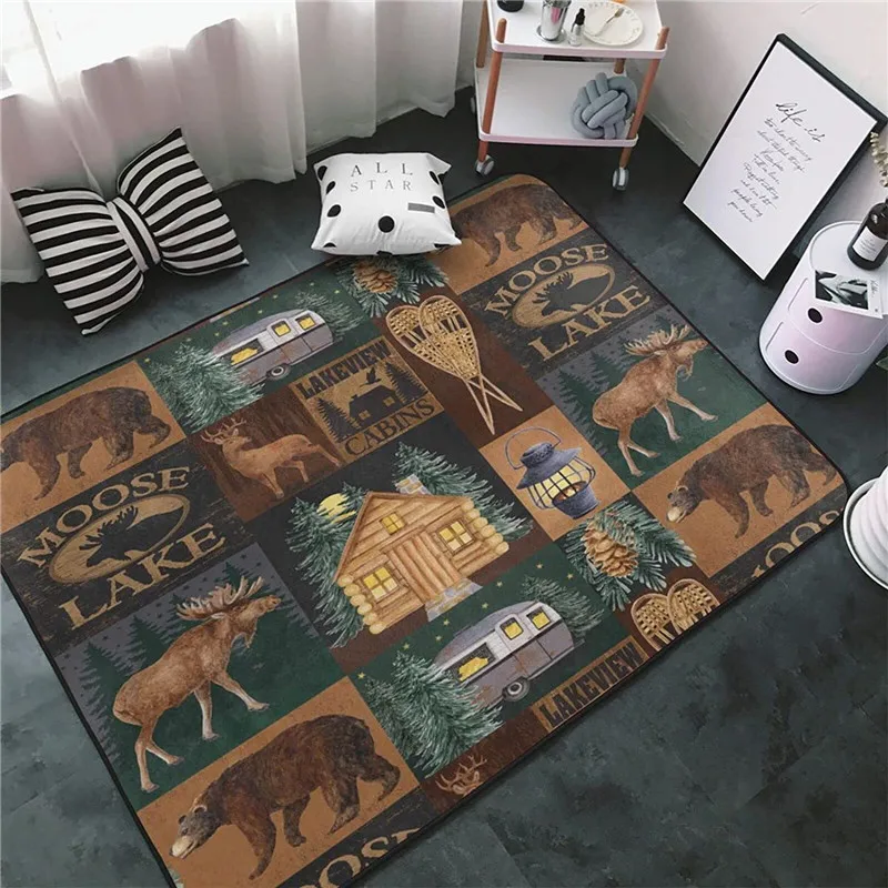 

Retro Bear Elk Decorative Carpet Square Flannel Rug Home Living Room Floor Mat Bedroom Carpet