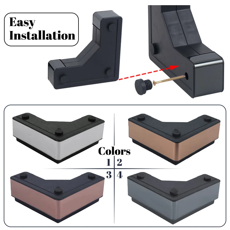 Patas de sofá de acero inoxidable en forma de L, mesa de centro, gabinete de TV, taburete de Arca de baño, pata de muebles, cama, almohadilla de pie de plástico, 4 piezas