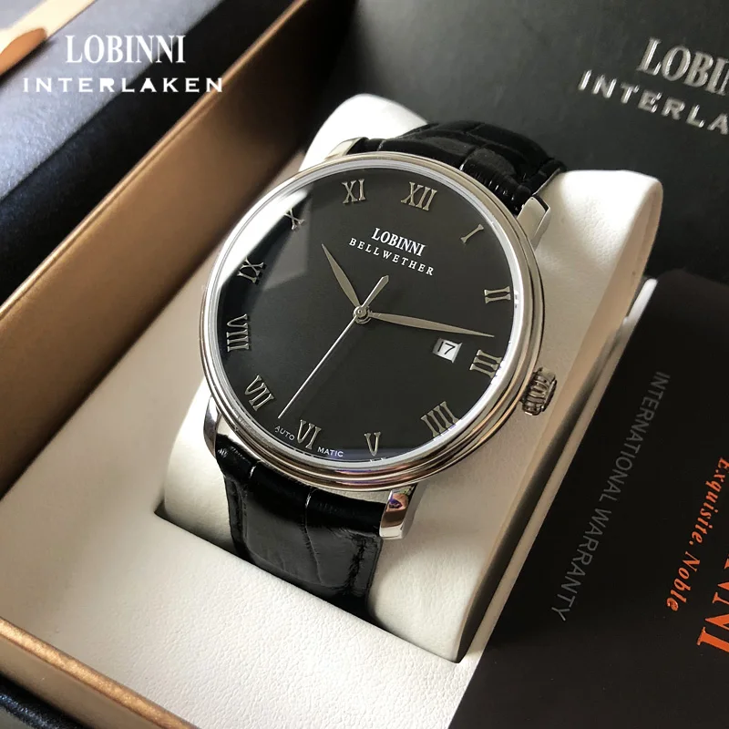 LOBINNI Роскошные автоматические механические часы с корпусом из розового золота, деловые часы с датой, водонепроницаемые часы с сапфировым стеклом