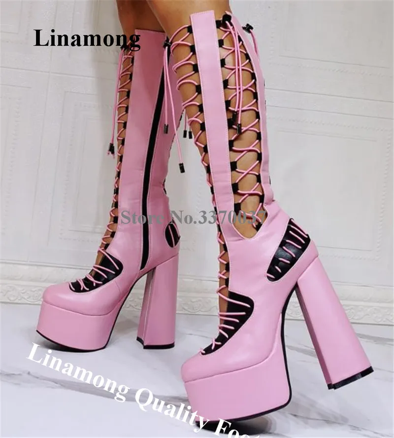 

Linamong Sexy Pink Matte Leather High Platfom Chunky Heel Knee High Gladiator Boots Lace-up Cut-out Long Sandal Boots Big Size