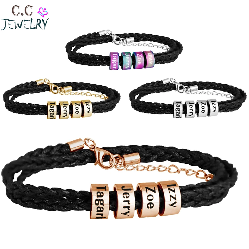 

Personalized Family Names Bracelet Multiple Layers Braided Rope Titanium Steel Beads Leather Custom Bracelets & Bangle For Man