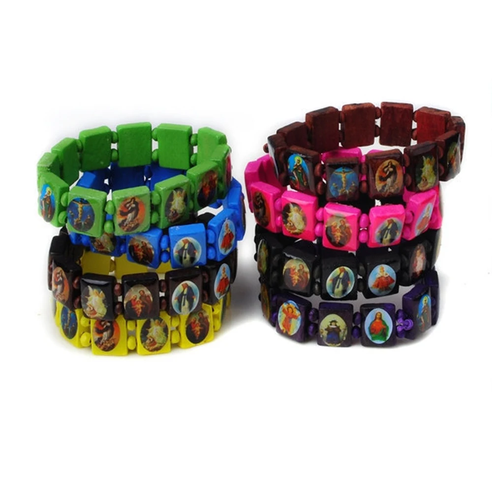 Wholesale 16Pcs/lot Multicolor Jesus Wood Bracelets Women Men Colorful Wooden Saints Rosary Religious For Best Friends Gift