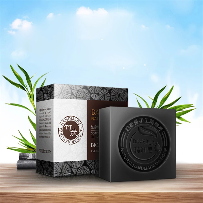 BIOAQUA Natural Plant Essential Oil Handmade Soap Whitening Moisturizing Remove Acne Clean Bath Soap Bamboo Charcoal Soap 100g