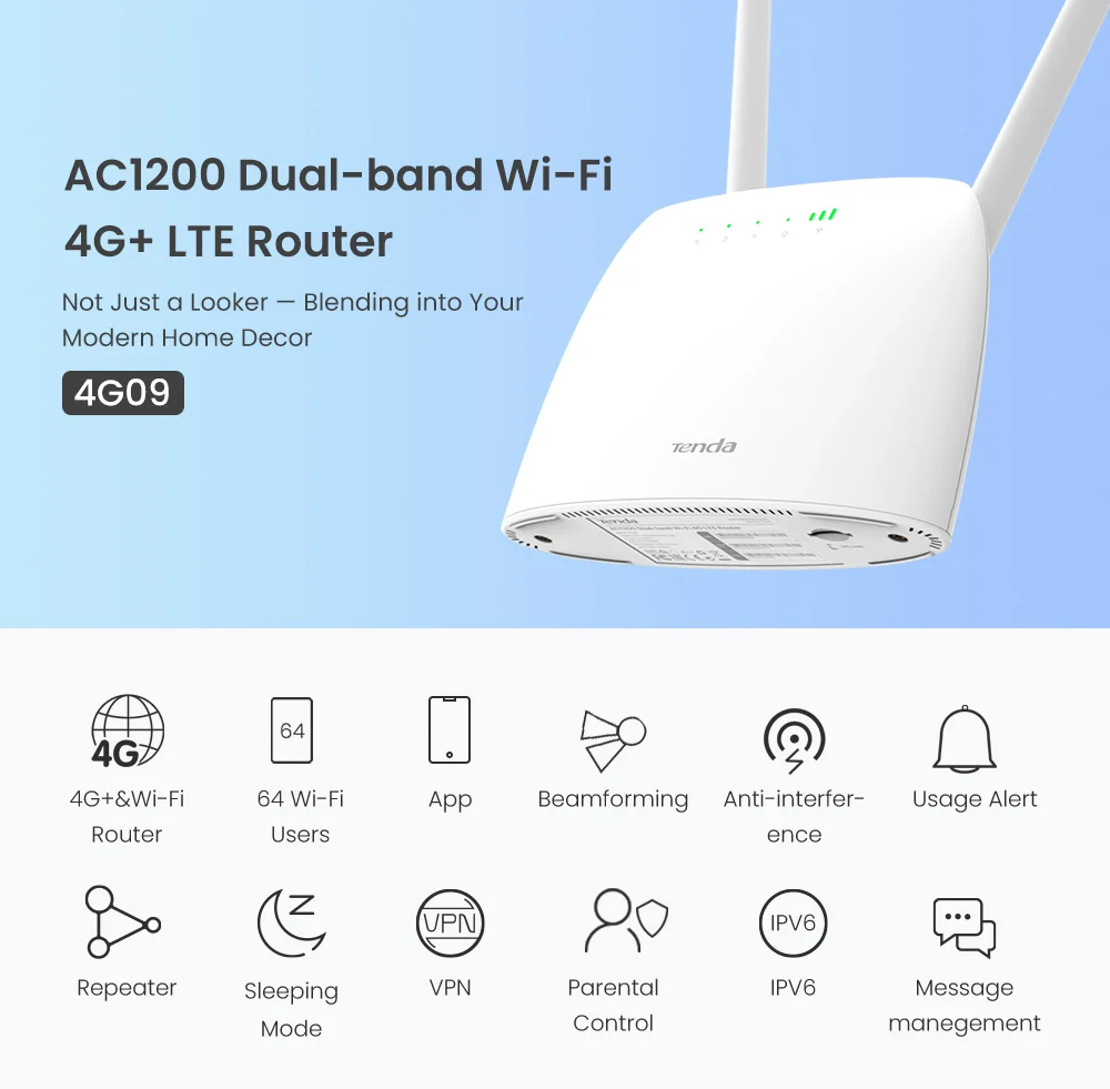 Tenda 4G Wifi Router LTE CAT4 3G/4G Sim Card Slot 150mbps Dual-band 1200mbps outdoor wireless router IPV6 VPN  WAN LAN antennas