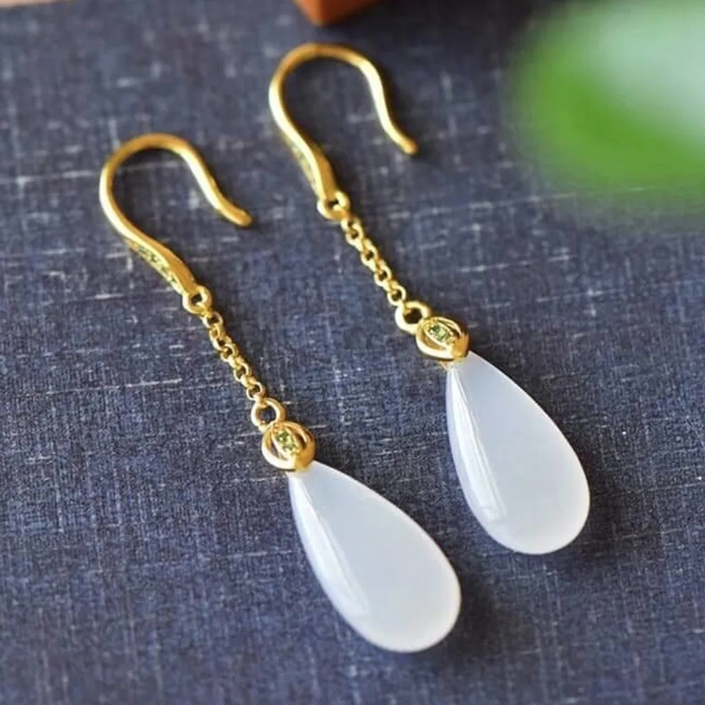 

Beautiful 925 Silver With Natural White Jade Earrings Exquisite Fashionable Jewelry Fine Holiday Gift Accessories