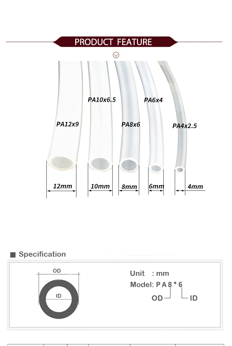 Nylon-Schlauch PA 4mm 6mm 8mm 10mm 12mm Leitungsschlauch für Kompressor 1M/2M/5M/10M/15M/20M Luftschlauch Pneumatischer Glatter Starrer Ölschlauch – Detail 3