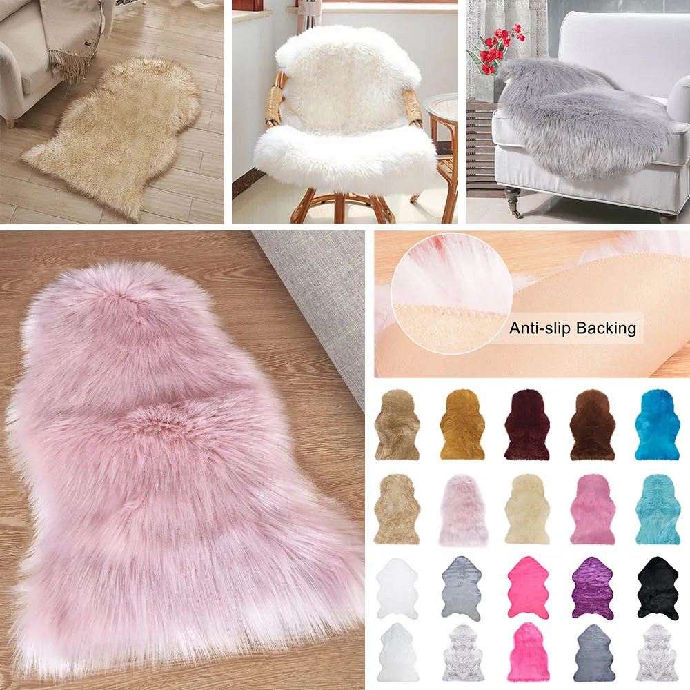 HQ 1pc Fur Artificial Sheepskin Hairy Carpet For Bedroom Living Room Skin Fur Plain Rugs Fluffy Area Rugs Washable Faux Mat