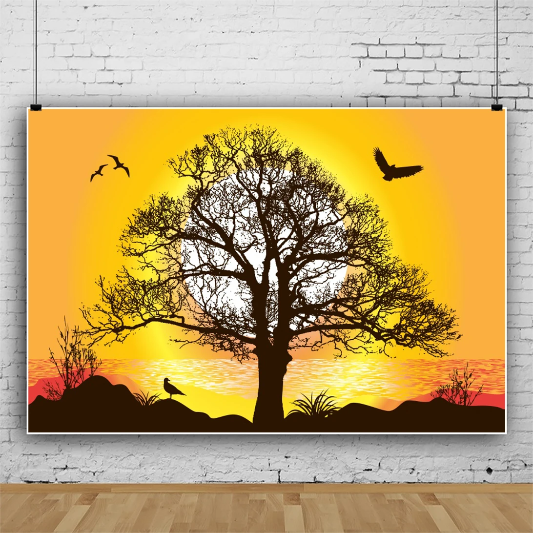 Laeacco Autumn Scenery Sunset Ocean Giant Trees Backgrounds For Photographic Beautiful View Photo Backdrops For Photo Studio