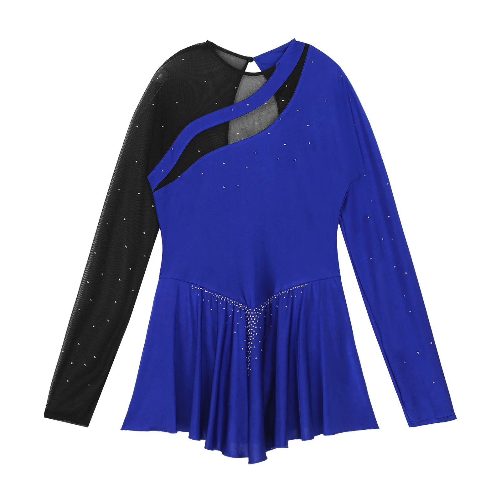 Women Long Sleeve Figure Ice Skating Sparkling Rhinestone Sheer Mesh Patchwork Roller Skating Ballet Performance Leotard Dresses