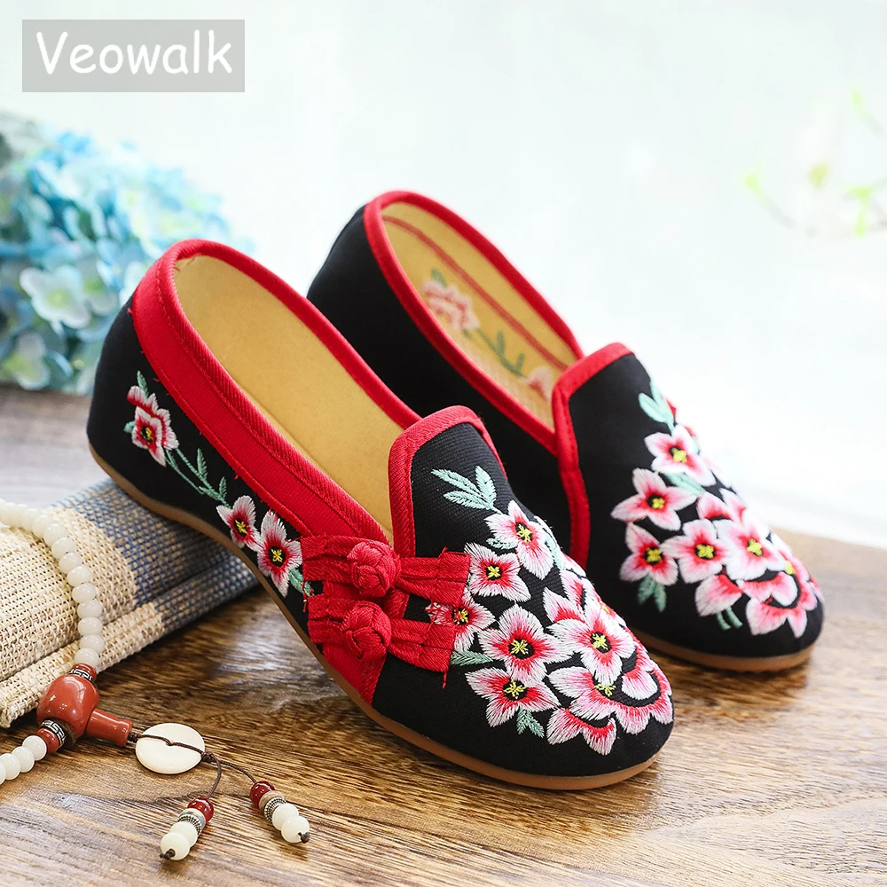 Veowalk Flower Blooming Embroidery Women Cotton Fabric Slip On Flat Shoes Comfortable Slip On Walking Loafers Black Size 42 43