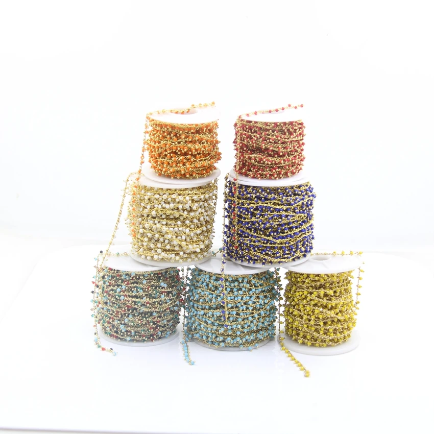 

5Meter/lot,7Color Choice Tiny Glass Rosary Chains,Plated Golden Brass Wire Wrapped Cube Round Bead Women Sweater chains Jewelry