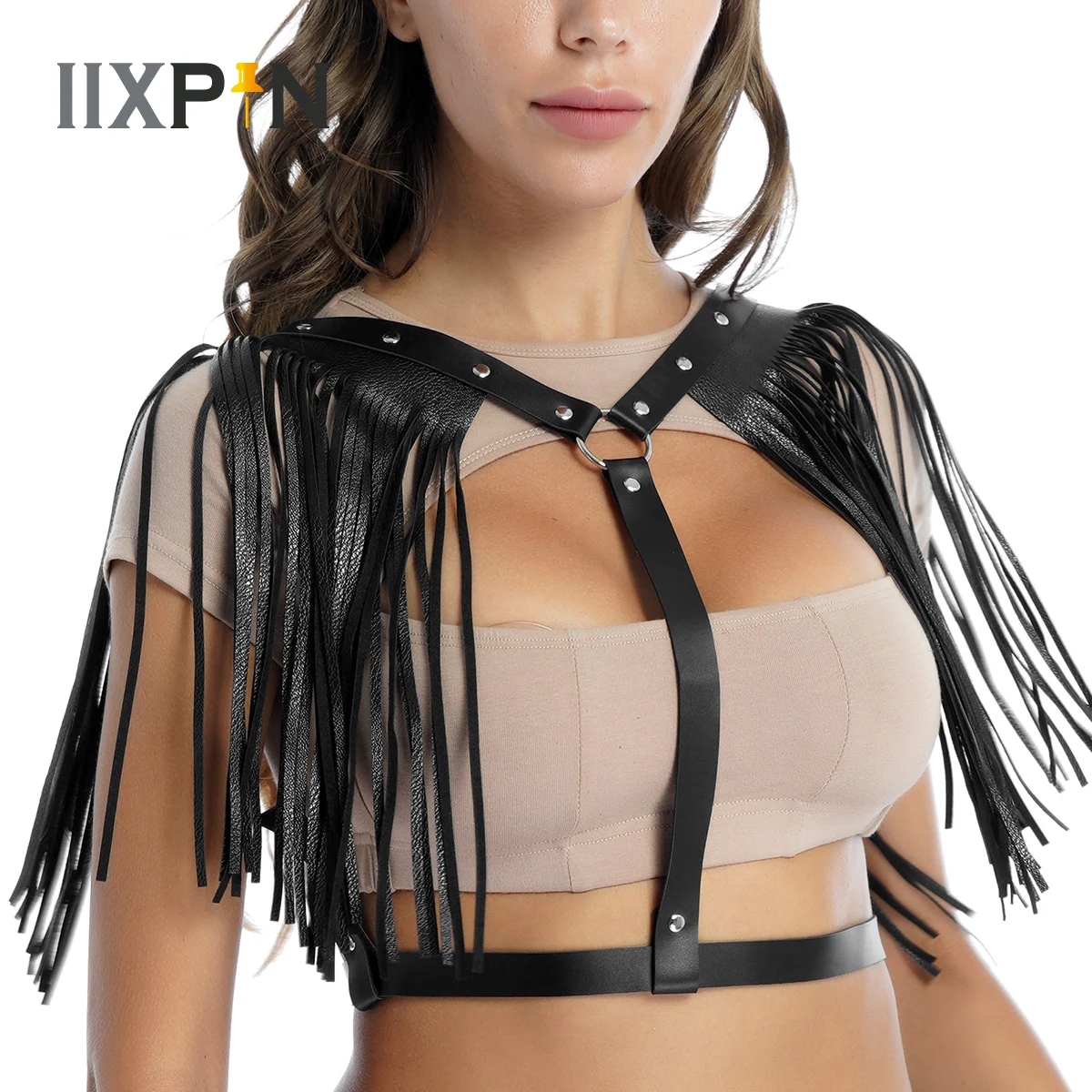 

Women Body Chest Harness Belt Sexy Cage Bra PU Leather Black Buckle Tassel Shoulder Belt Waistband Garter Belt Straps Clubwear