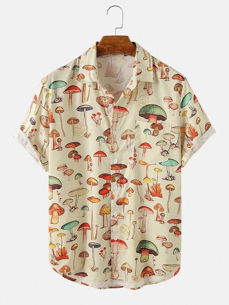 2022 Summer Men Hawaiian Shirts Lapel Chest Pocket Short Sleeve Colorful Element Mushroom Pattern Print Button Up Casual Shirt