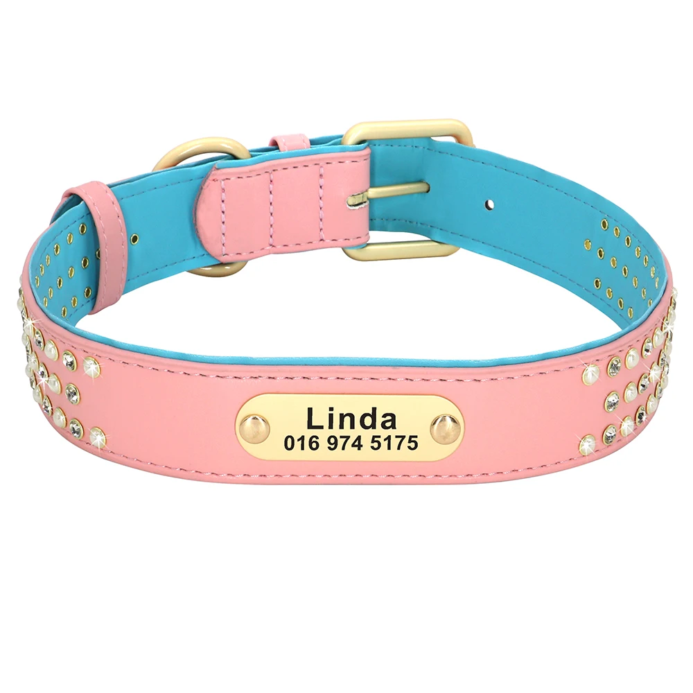 PU Leather Dog Collar Personalized Soft Padded Dog Collar Bling Rhinestone Crystal Pet Collars Engraved Nameplate Tag For Dogs