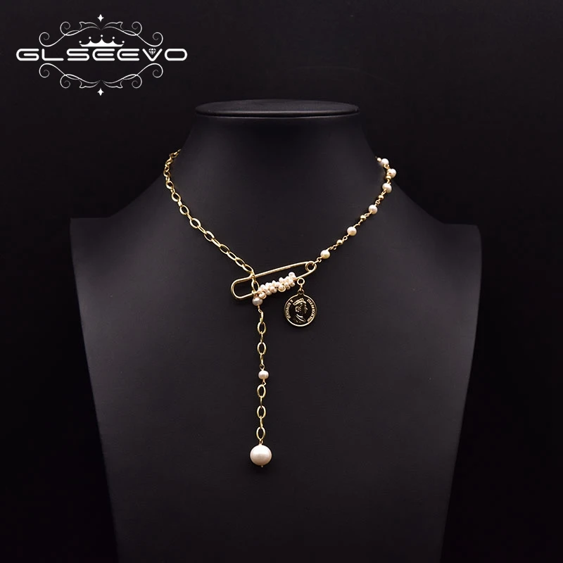 GLSEEVO Natural Freshwater Pearl Necklace Women's Party Gift Adjustable Tag Pendant Handmade High-end Jewelry GN0265