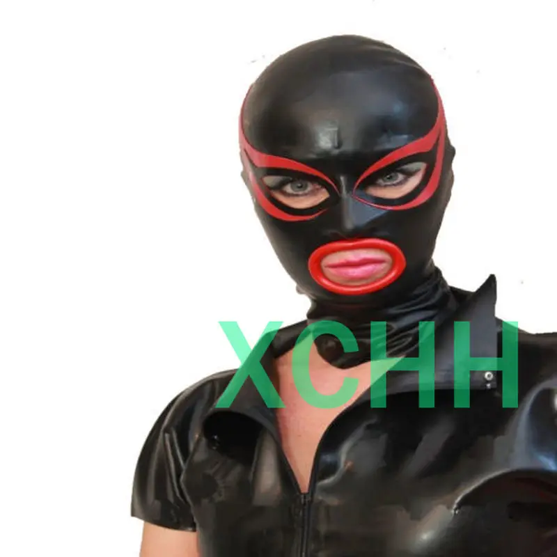 Sexy Full Face Handmade Latex Hood Mask for Men Open Eye and Mouth with Red Circle Fetish Customize Size Anime Cosplay Costumes