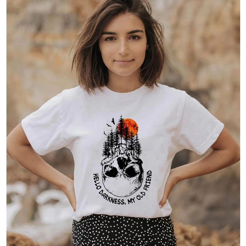 Hello Darkness My Old Friend Colored Print T-shirt Trendy Skull Natural Graphic Tees Tops Funny Women Hiking Adventure Tshirt