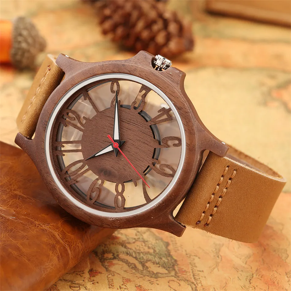 Transparent Hollow Arabic Numerals Display Men\'s Wood Watches Chic Fashion Male Quartz Genuine Leather Timepiece