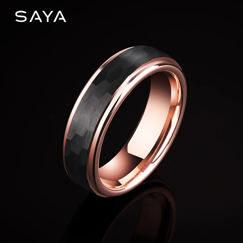 Rings for Men Women, Tungsten Rings for Engagement, Brushed Black Plating Rose Gold Inside, 6mm Width, Customized