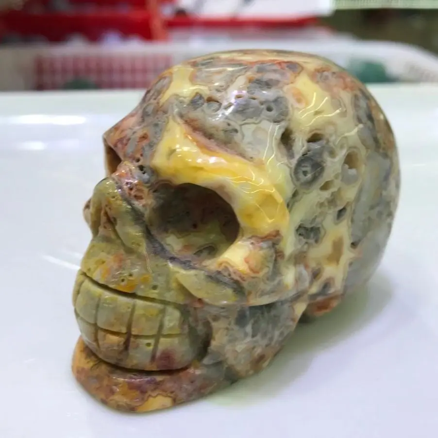 6CM Natural Crazy Agate Skull sculpture Mexico Jade Crystal Collecting Mineral Quartz Ornament Stone Carvings Small Statue Craft