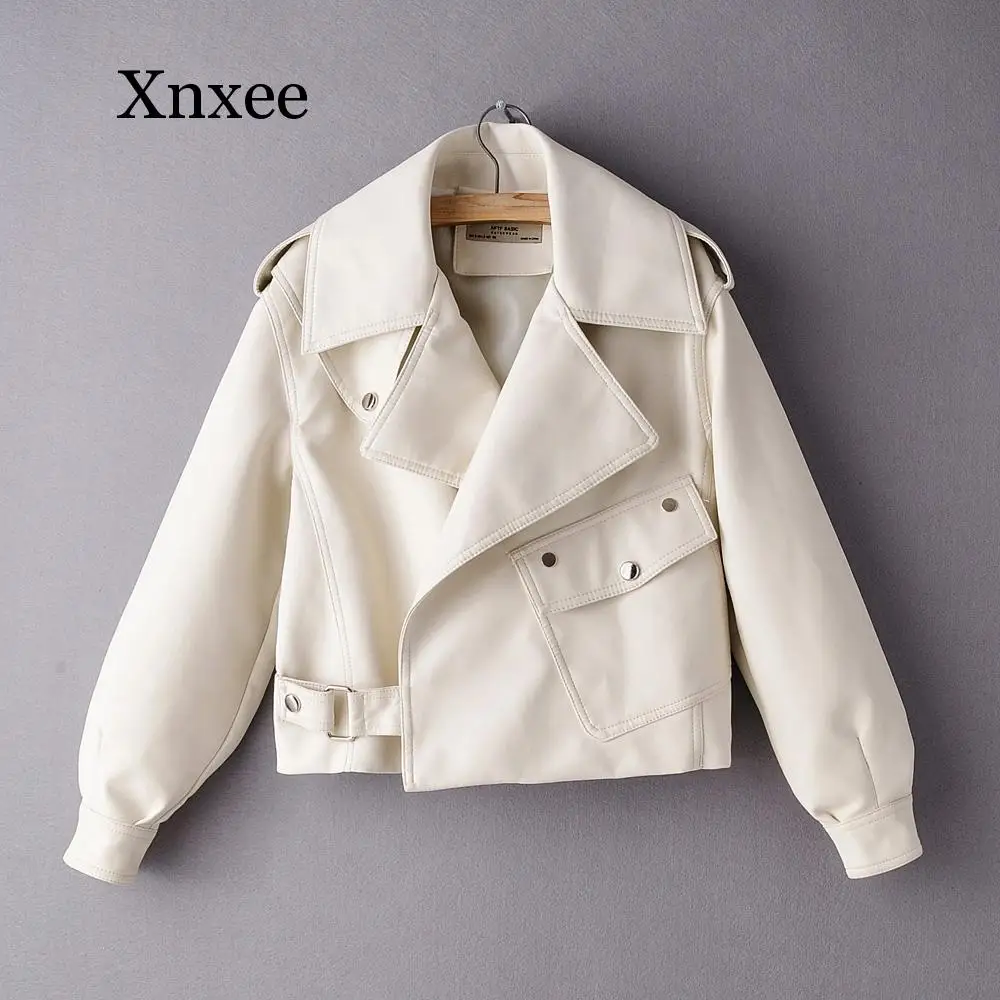 

Loose lady beige faux leather coat black faux leather jacket white biker motorcycle jacket women zipper punk autumn winter red