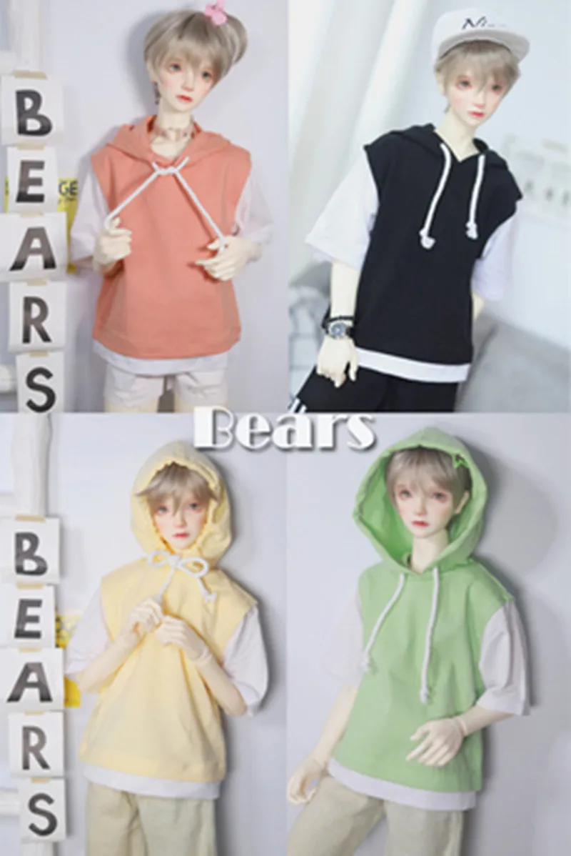 BJD doll clothes fit with 1/3 1/4 SD10 woman POPO68 Uncle Size fake 2 short sleeved hooded T-shirts 4 color in doll accessories