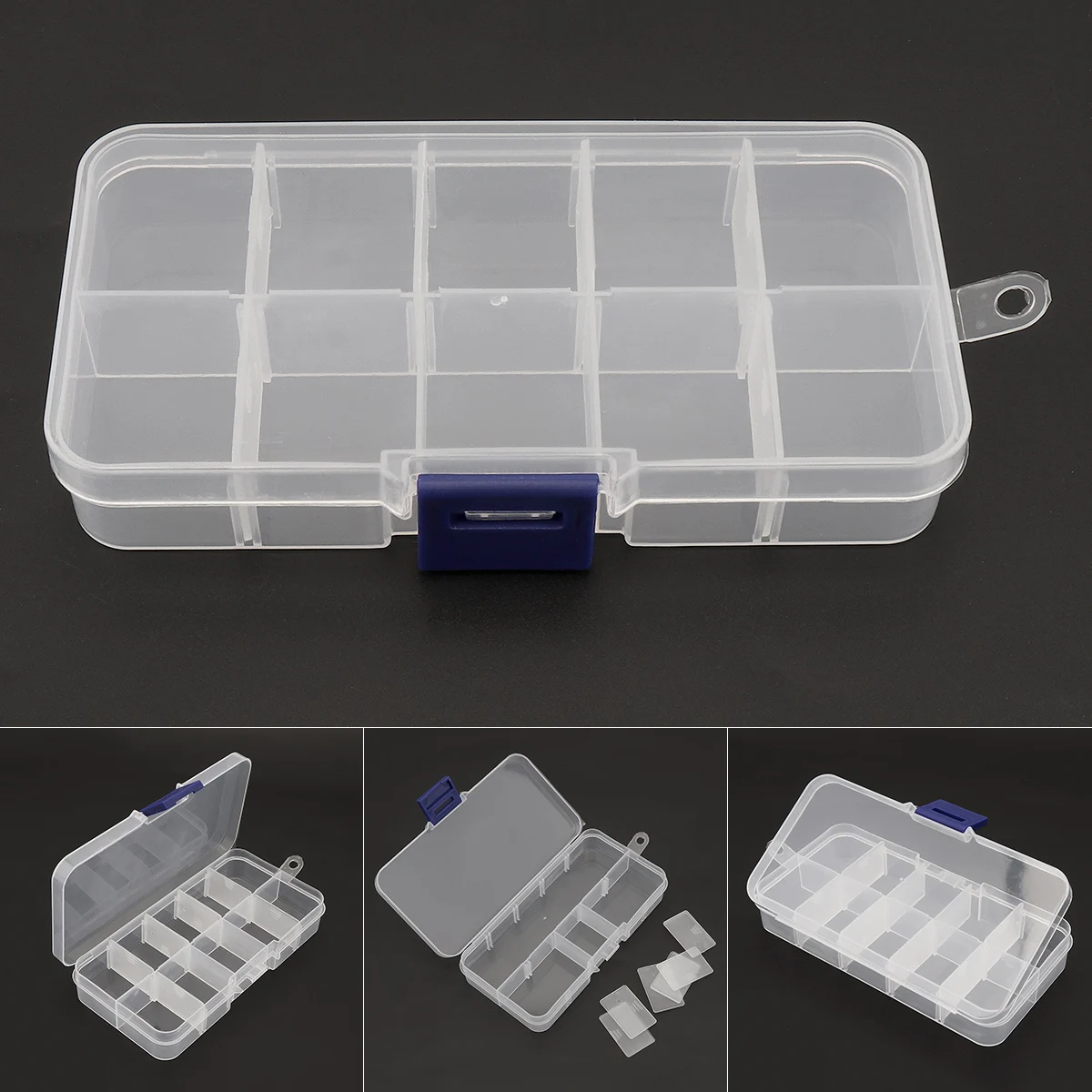 

10 Compartment Small Plastic Box Organiser Storage Clear Jewelry Box with Adjustable Dividers for Earring Nail Transparent