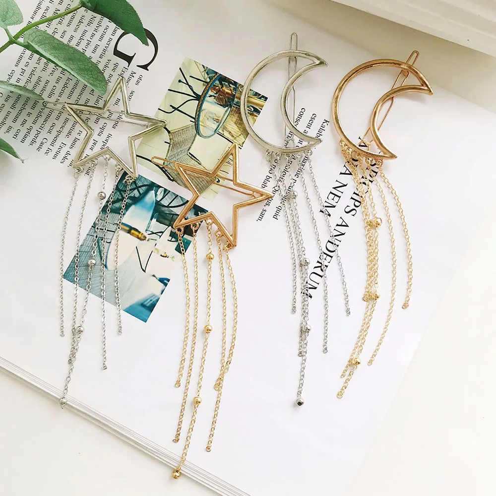 

New Temperament Hair Accessories Hair Clip Fashion Metal Headdress Creative Geometric Stars Moon Tassel Hairpin