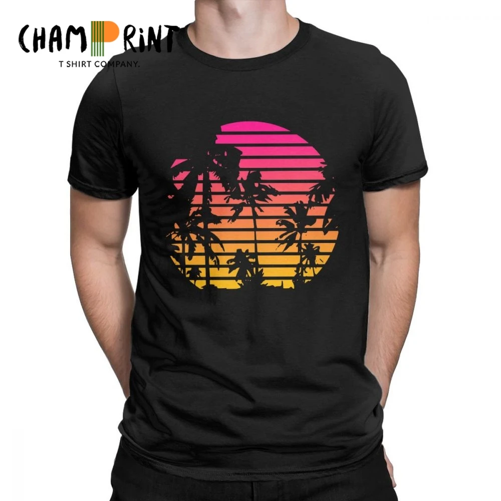 Sunset Palm Tree Vintage Tee Shirt 80s Synthwave Clothes Vaporwave T Shirt Men\'s T-Shirts Japanese Colors Streetwear