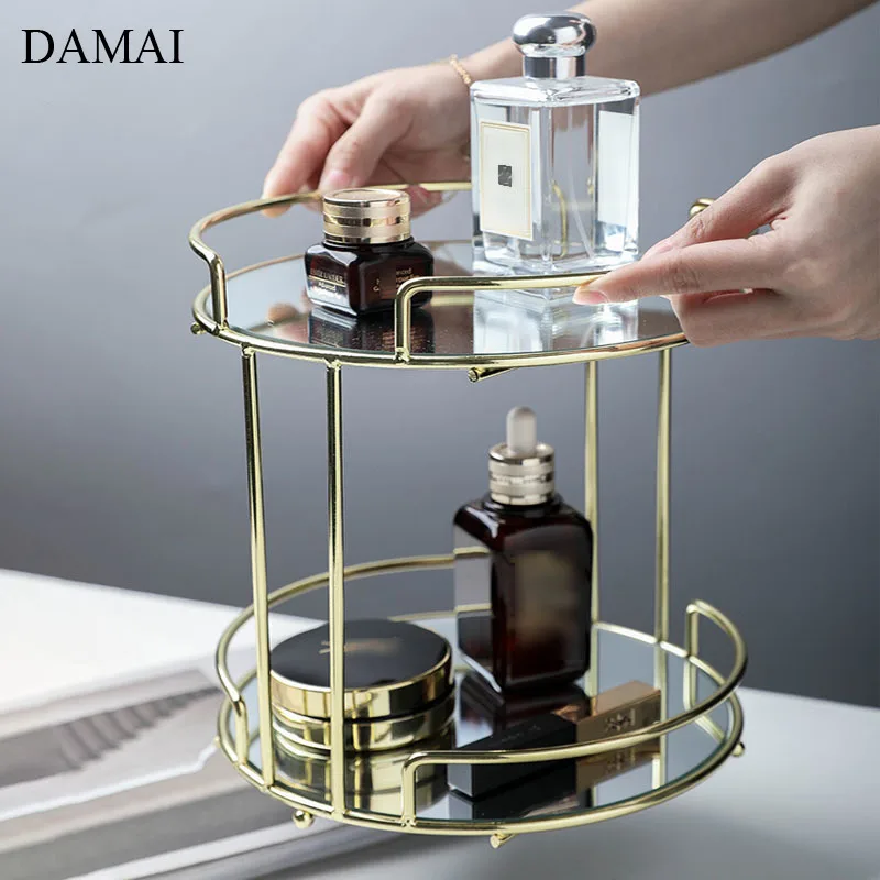 Agate Texture Cosmetic Display Shelf Round Double Layer Jewelry Metal Mirror Storage Trays Skincare Products Organizer New