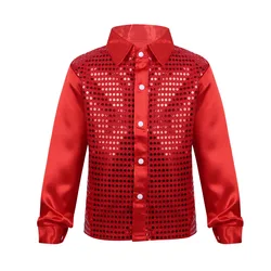 TiaoBug Kids Boys Shiny Sequin Long Sleeve Shirt Choir Jazz Dance Costume Child Stage Performance Hiphop Dance Top Rave Outfit