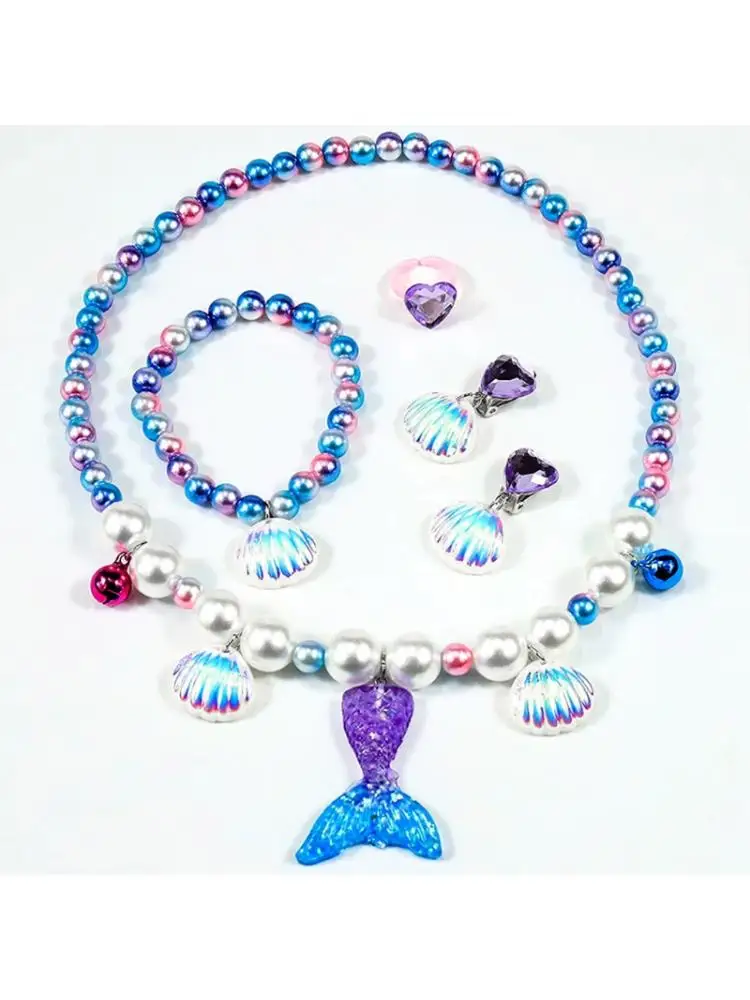 Children\'s Mermaid Themed Necklace Set Cute Girl 5 Pcs Kids  Princess Pearls Beads Necklace Bracelet Ring Set Jewelry Gift