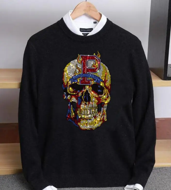 

Winter Knit Rhinestone Sweater Men Hip Hop Streetwear Pullover Jumper Men Clothing Fashion Cartoon Couple Sweaters