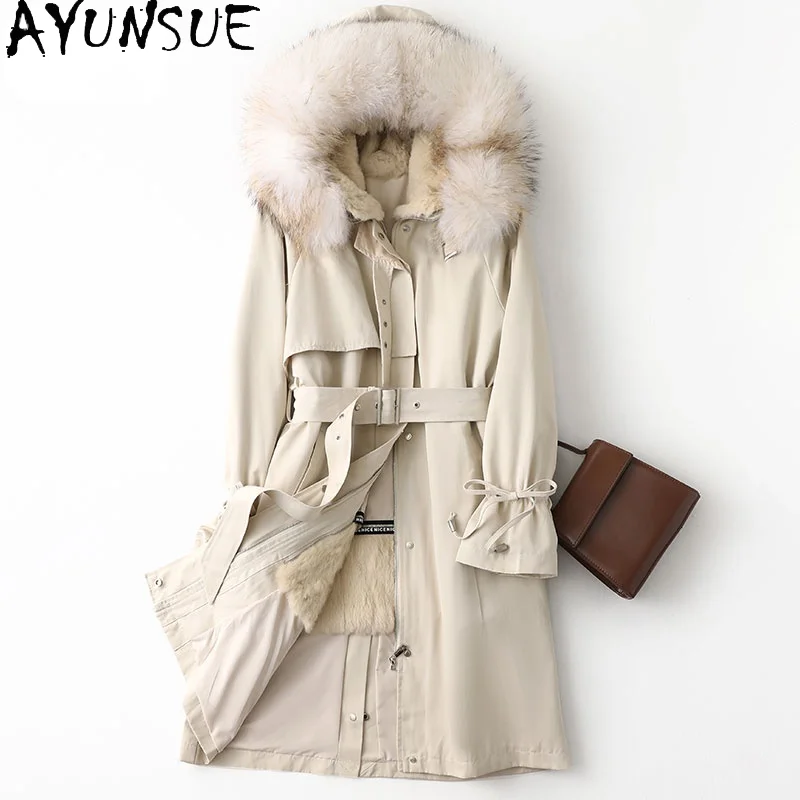 

AYUNSUE Women's Winter Jacket 2021 Real Rabbit Fur Liner Trench Coat Female Raccoon Fur Collar Long Parka Casaco Feminino Gxy409