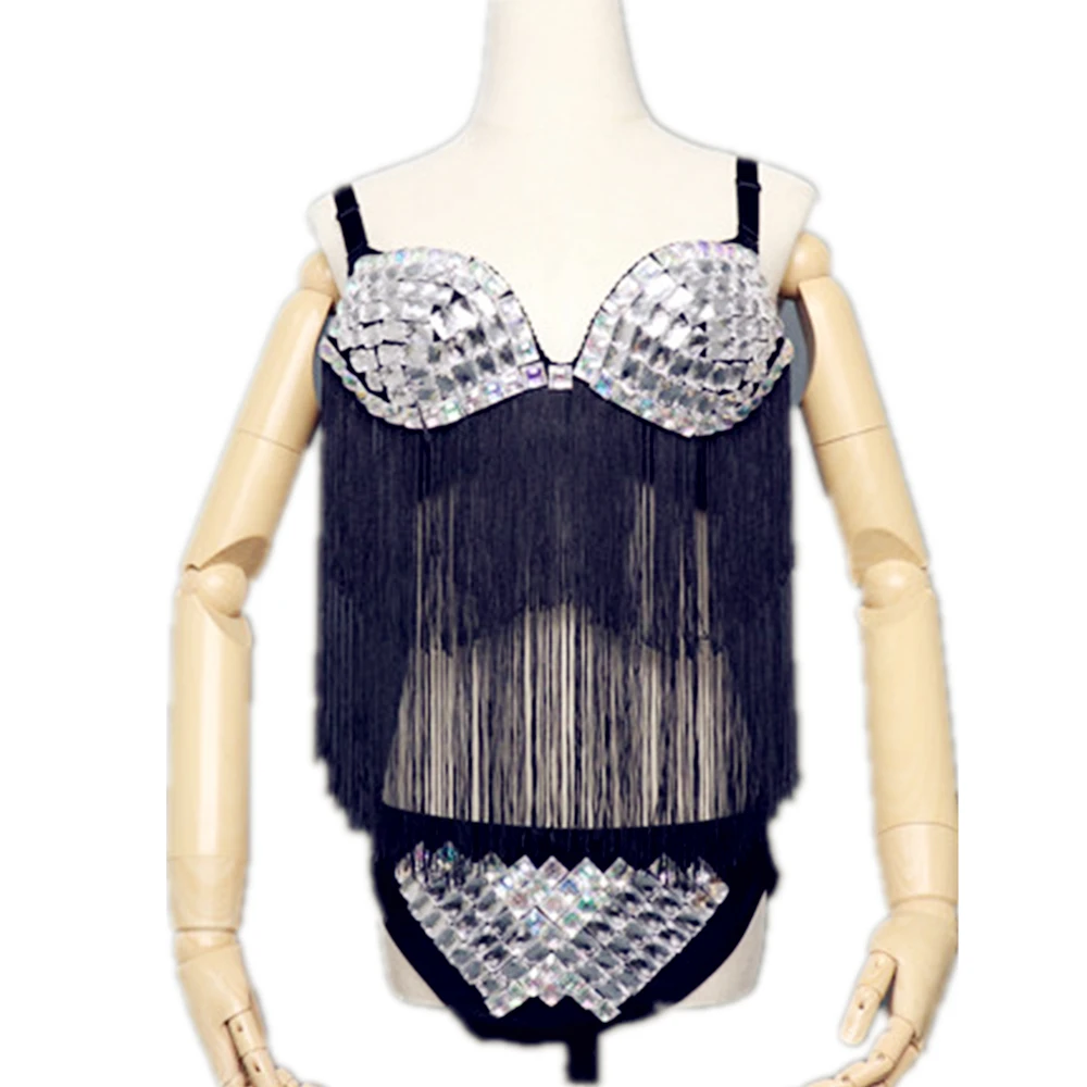 

Nightclub Pole Dance Clothing Bikini Rhinestone Mirror Costume Shiny Lens Bra Pant Sexy GOGO Dance Rave Clothes Stage Dress