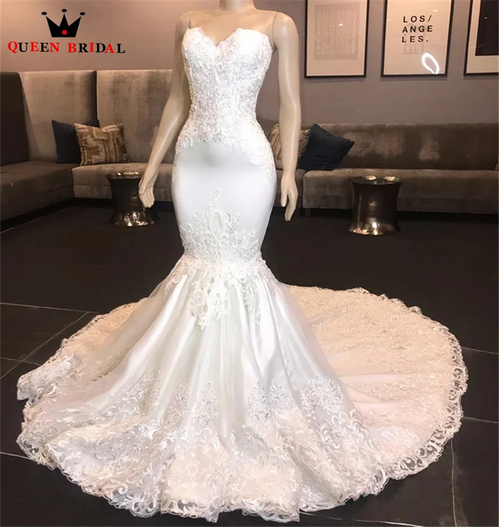 Vestidos de novia de satén con cuentas de cristal para mujer, vestidos de novia formales largos, Sexy, encaje de sirena, escote Corazón, tamaño personalizado, DK36M