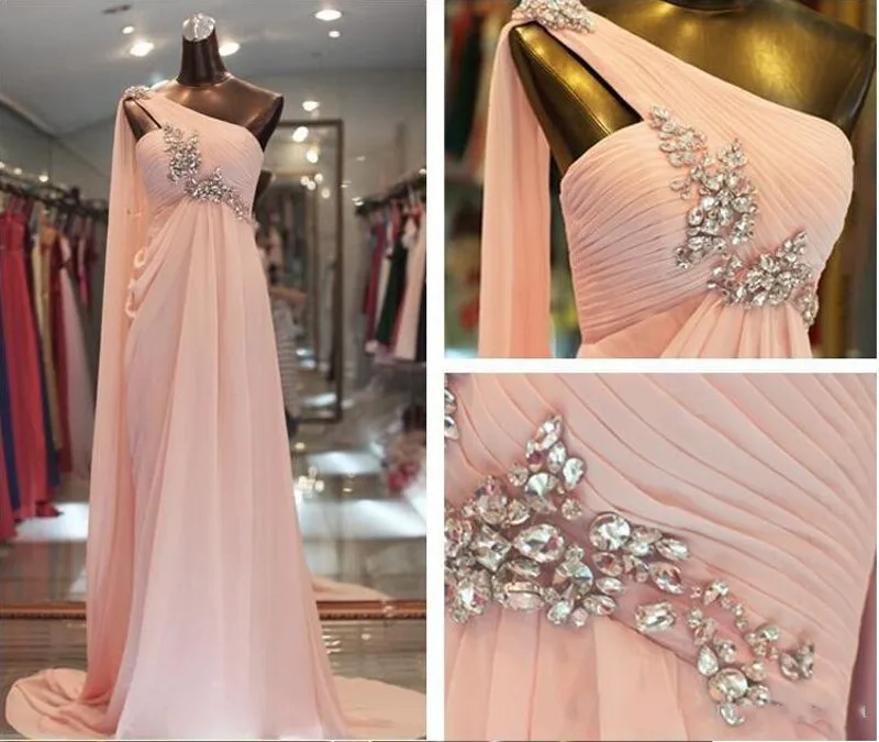 Robe de soirée longue en mousseline de soie, asymétrique épaule dénudée, rose vif/rouge, à volants, perles de cristal, robe de bal élégante, à la mode, 2020