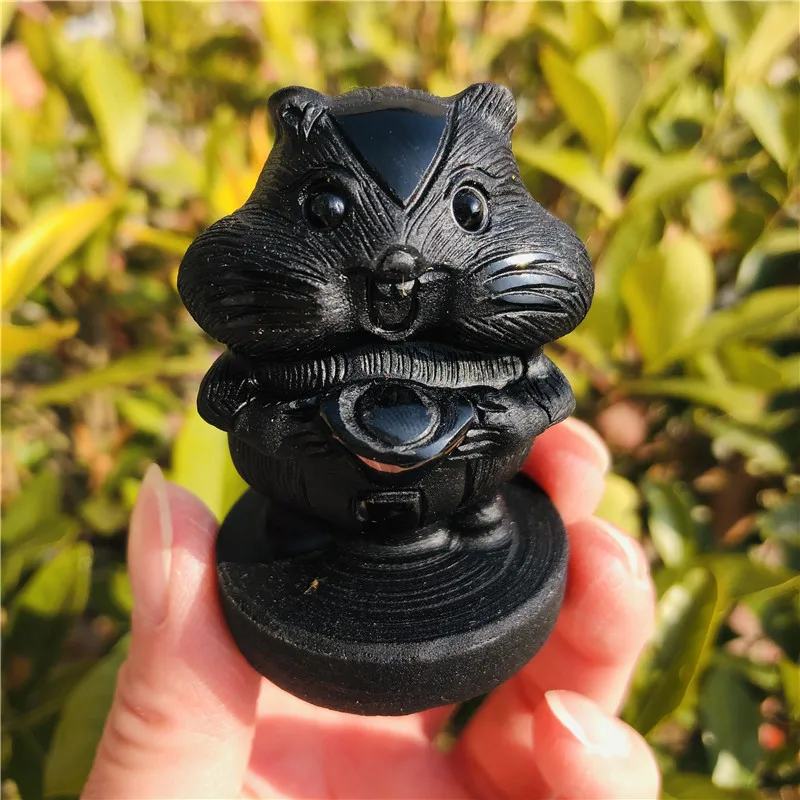 

Natural Black Obsidian Carved Crystal Animals Squirrel Quartz Figurine Healing Crystals Reiki Decor Feng Shui Lucky Art Gift