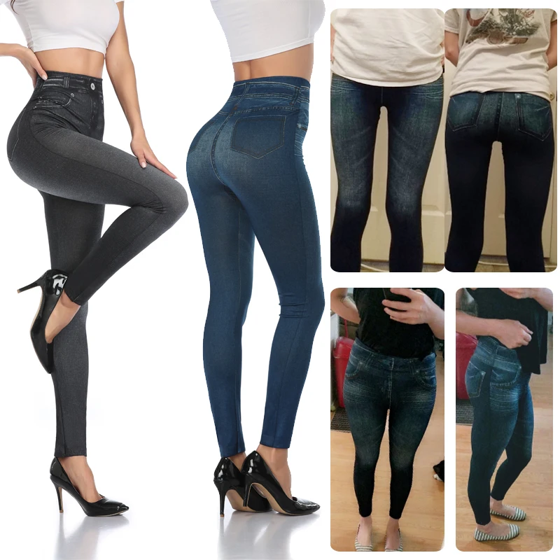 Women Gym Leggings Faux Denim Jeans Leggings Pocket Printing Leggings Casual High Waist Pencil Pants Slimming Push Up Pants