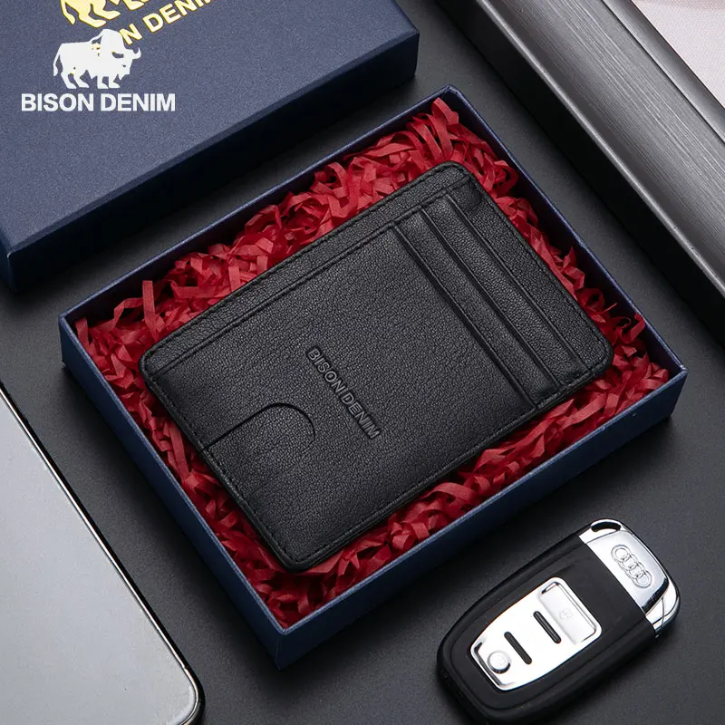 BISON DENIM Genuine Leather Fashion Slim Minimalist Men Wallet Credit Card Holder RFID Blocking Leather Purse Cowskin W9670-1B