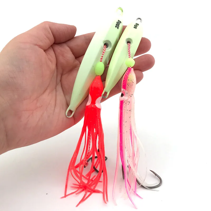 

AI-SHOU Metal Jigs Head Squid Lure 40g 60g 80g 100g 120g Slow Jigging Lure with Rubber Skirts Fishing Lure Set Deep Sea