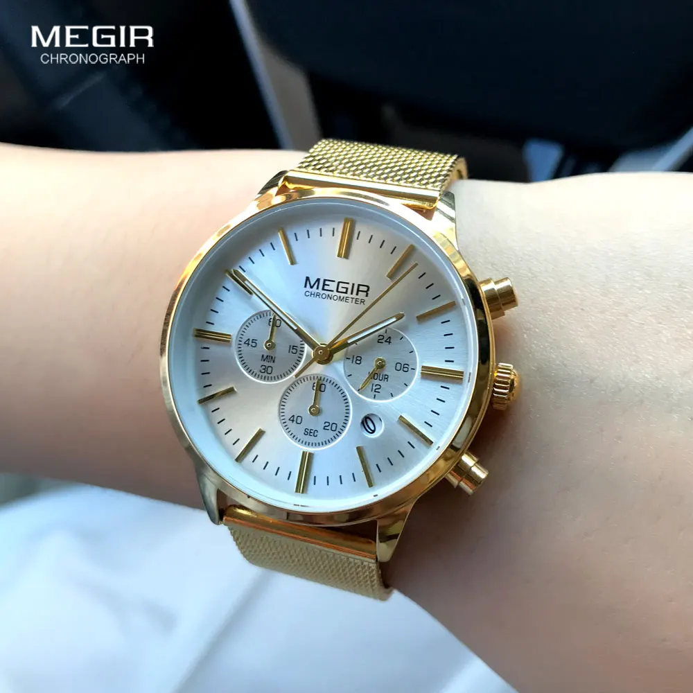 MEGIR Women\'s Chronograph Steel Quartz Watches Fashion Waterproof Luminous 24-hour Analogue Wristwatch for Woman Lady 2011L-1N3