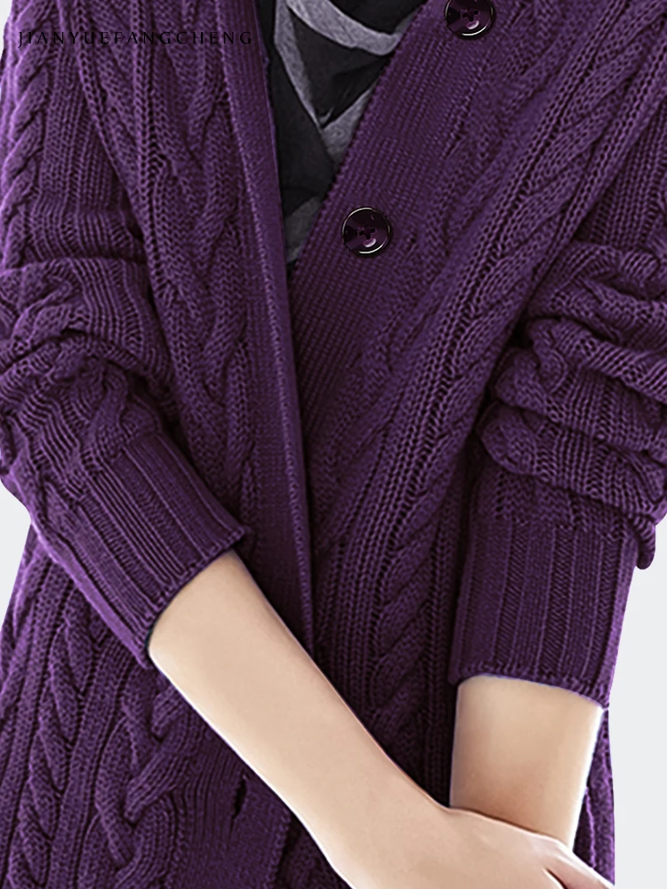 Fashion Women Hooded Purple Wool Sweater Outerwear Knitted Cardigan 2021 Autumn New Knit Tops Twisted Loose Casual Sweaters