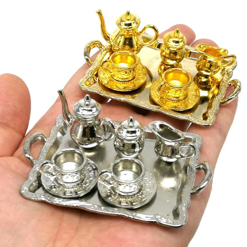 10Pcs/Set Miniature Metal Tea Doll House Furniture Miniature Dining Tableware Toy Doll House Teapot Cup Plate