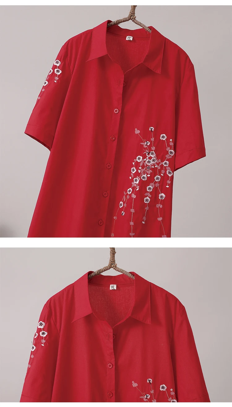 Blusa holgada de manga corta con bordado de flores para primavera y verano, camisa elegante de algodón 2021, estilo étnico, 100%