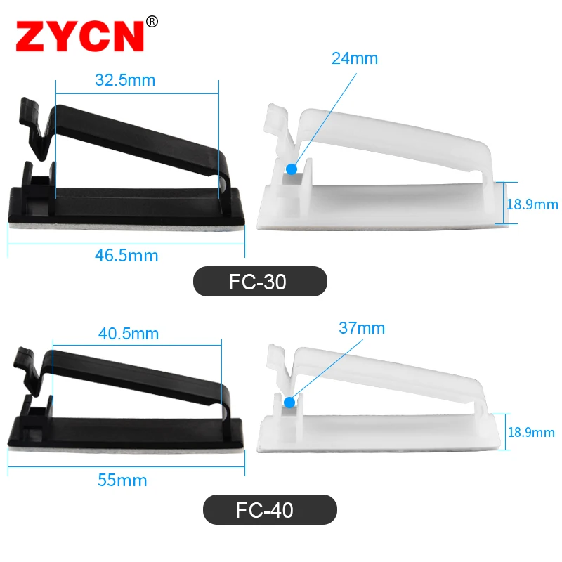 ZYCN-Cable Wire Tie Holder, Clipes auto-adesivas, Braçadeira fixa de parede, Winder Cord Press, Dados GPS do carro, 3m, FC-30, 40, 50, Fivela, 10pcs