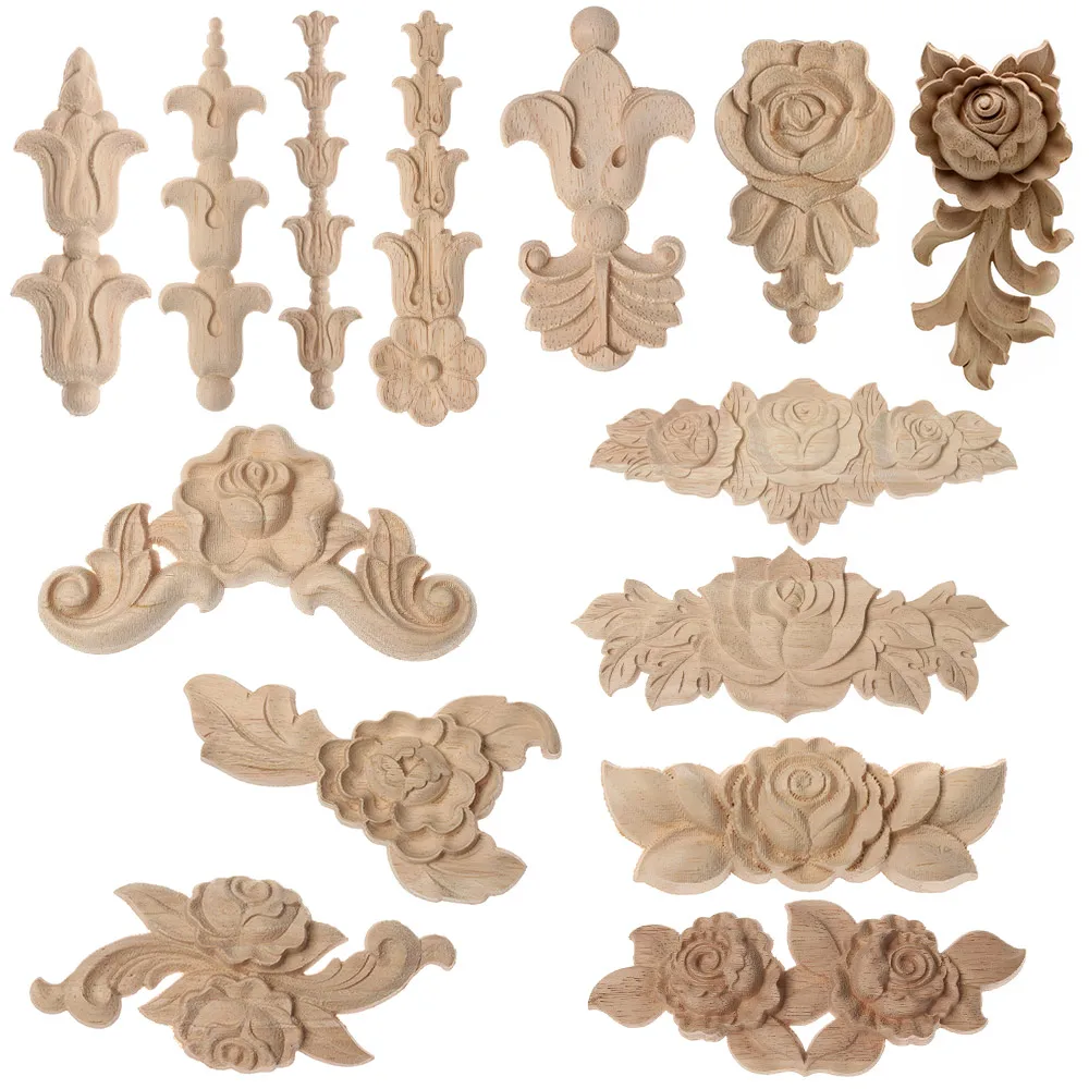 Natural Woodcarving Rose Flower Corner Appliques Wood Floral Carved Furniture Cabinet Door Unpainted Mouldings Decal Decorative