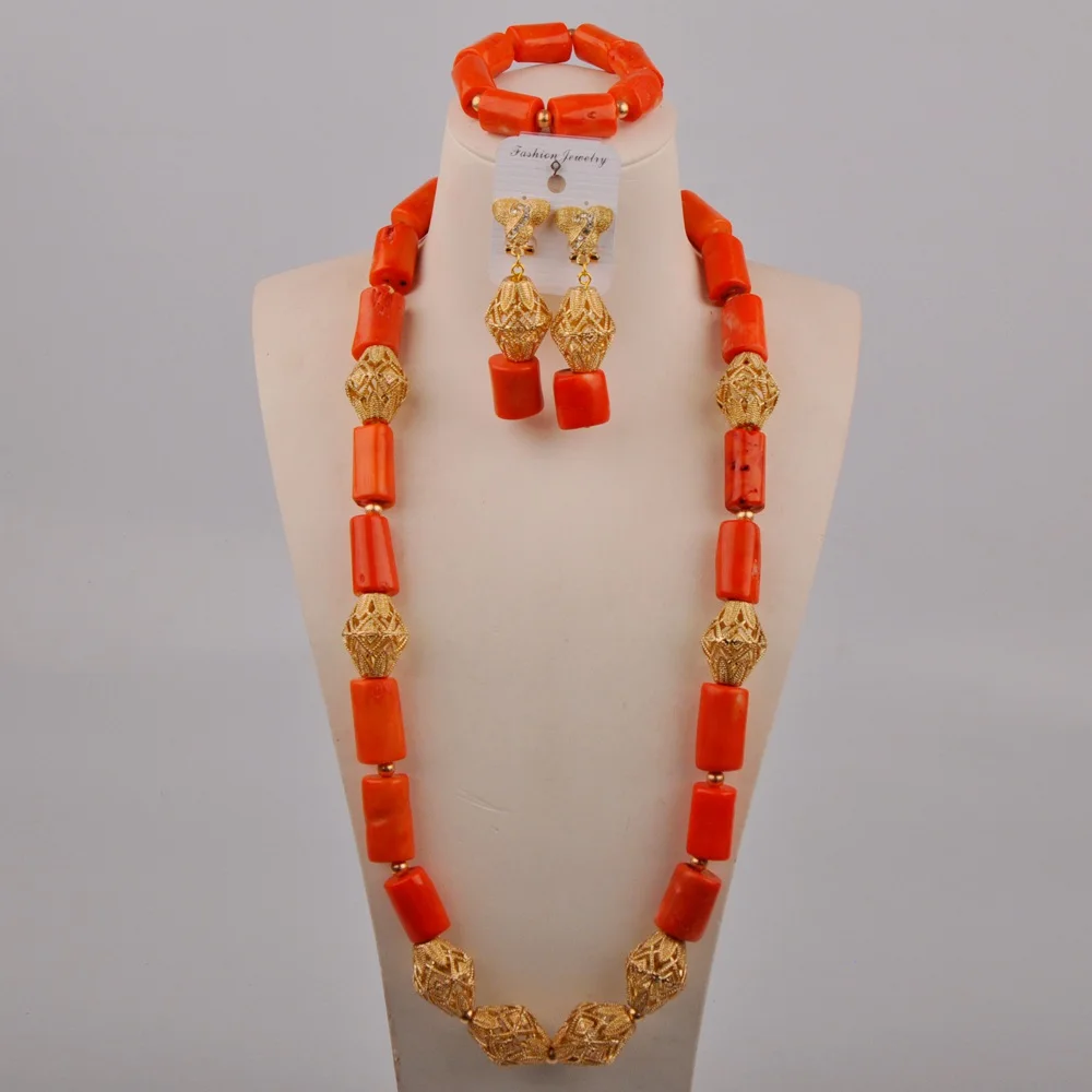 

Orange Natural Coral Necklace Banquet Dress Accessories Nigeria Romantic Wedding African Female Bride Wedding Jewelry Set AU-651